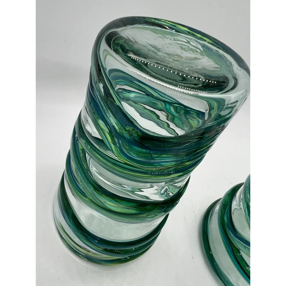 2 Hand mouth blown drinking glass blue green swirl stripes small vase art